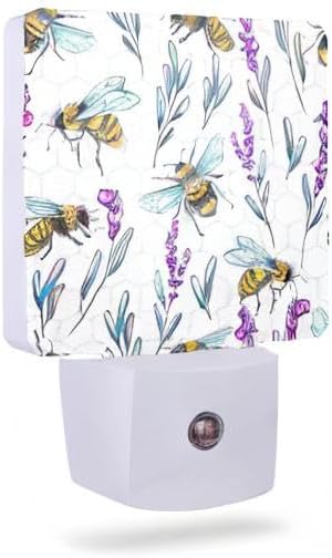 Night Light With Bees and Lavender Flowers - Dusk to Dawn Sensor for Kids, Girls, Boys, Women, Men - Room Decor for Hallway, Kitchen, Bathroom, Nursery, Stairs