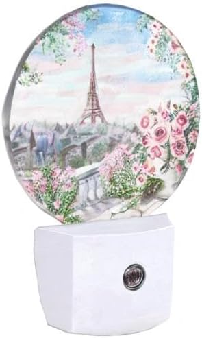 EKOBLA Watercolor Eiffel Tower Night Light Rose Flowers on The Balcony France Paris Landmark Plug-in Nightlights Auto Sensor Plug-in LED Wall Light for Home Bedroom Living Room
