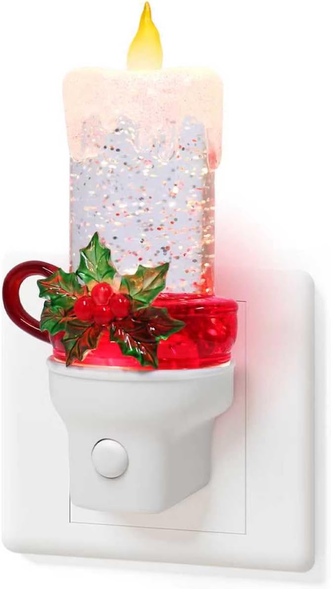 Christmas Candle Night Light Plug into Wall Swirling Glitter USB Portable Christmas Decorative Night Light Decoration for Kids Adults Bedroom Kitchen Living Room Holiday Decor (Candle)