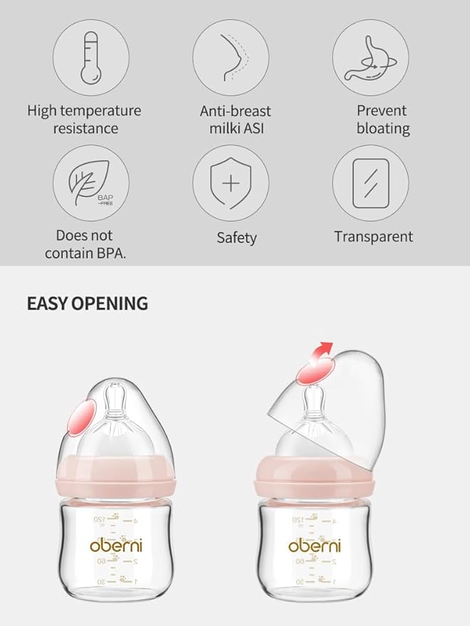 Glass Baby Bottles,Anti Colic Breastfeeding Bottle with Natural Response Nipple Size S,Wide Neck Slow Flow Baby Bottle for Baby,Newborn,Preemie 0-3 0-6 Month,BPA Free (Pink, 2 Pack, 5 Ounce)