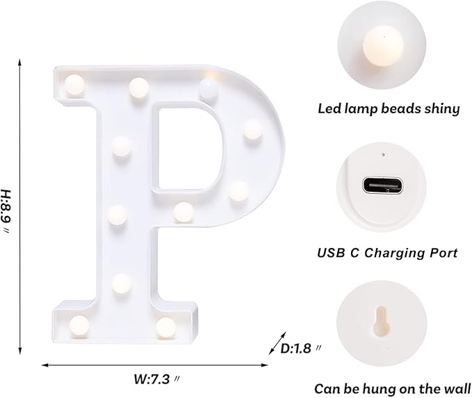 Foaky Rechargeable LED Letter Lights Sign Marquee Light Up Letters Sign for Night Light Wedding/Birthday Party Christmas Lamp Home Bar Decoration (P)
