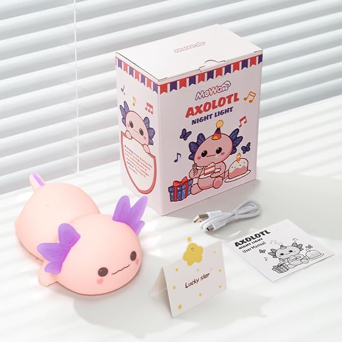 Huggwaii Squishy Axolotl Night Light for Kids, 4 Soothing White Noise Sounds, Dimmable Silicone Axolotl Lamp Toddler Light, Upgraded Rechargeable Animal Nightlight ,Baby Gifts & Girls Room Decor