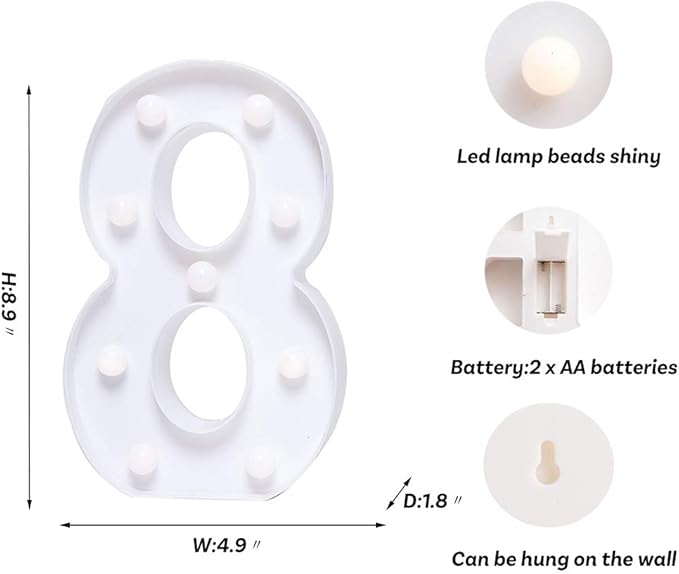 Foaky Decorative Led Marquee Light Up Number, Marquee Light Up Number Sign for Night Light Wedding Birthday Party Christmas Home Bar Decoration Number(8)