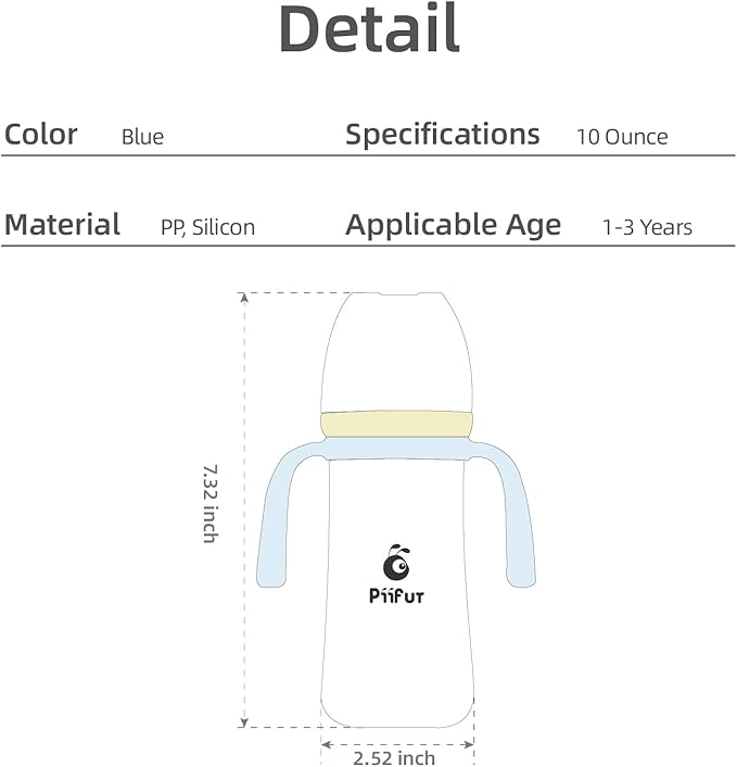 Piifur Sippy Cups for Toddlers 1-3 No Spill with 2 Straw Replacement Sets Water Bottle with Handle 10 Ounce Blue