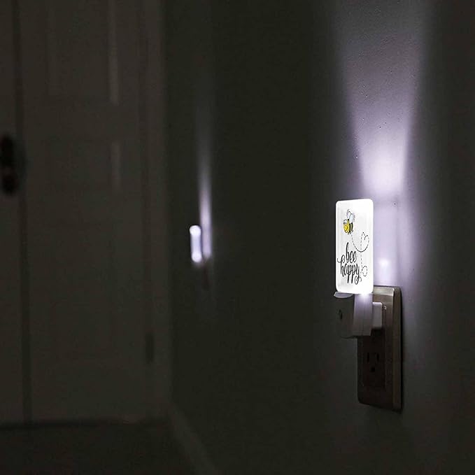LED Night Light,Bee Happy Funny Text Quote Cute Fat Bee LED Night Light Plug into Wall with Dusk to Dawn Light Sensor White Energy Efficient Nightlight for Bedroom Bathroom Hallway Living Room Kitchen
