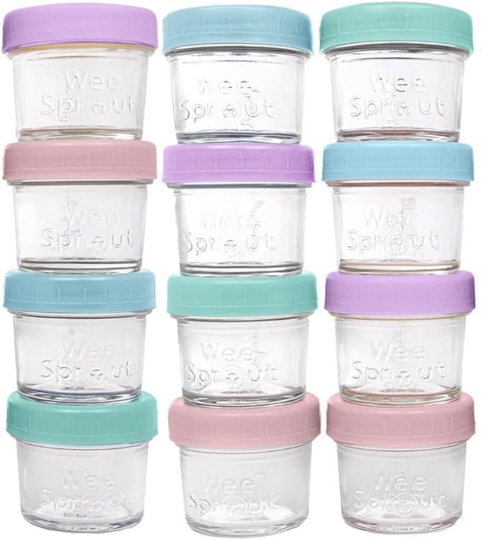WeeSprout Baby Food Storage Glass Jars w/Lids (4 oz, 12 Pack) Pastel Variety, Snack, Reusable Small Containers, Fridge or Freezer, Microwave & Dishwasher Safe, Essentials for Infants