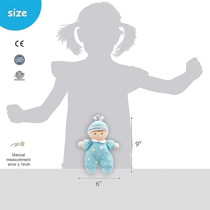 June Garden 9" My First Doll Noah - Soft Plush Baby Doll with Rattle - Baby Blue Outfit