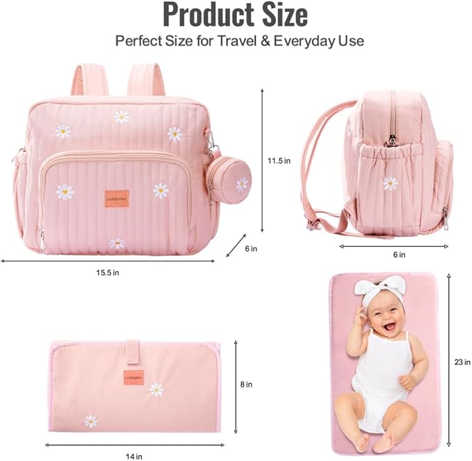 Diaper Bag Backpack, Medium Maternity baby bag & Changing Pad, Diaper Bag Tote, Insulated Pockets, Hospital Bag (Medium - Pink Flowers)