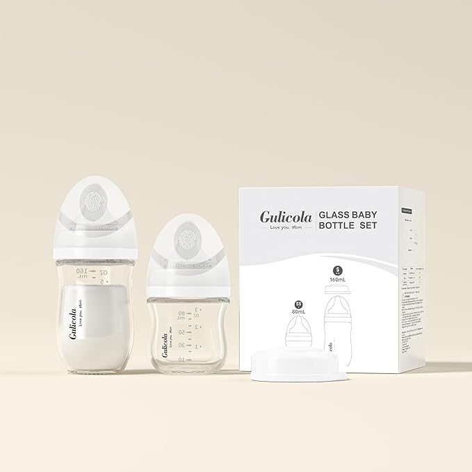 Gulicola Natural Glass Baby Bottle Newborn Set, 3 oz and 5 oz with Extra Slow Flow & Slow Flow Nipple, Anti Colic, 0-3 Months, 2 Pack - White