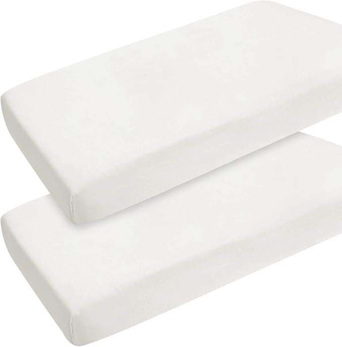 Pack and Play Sheets 27"x 39" Compatible with Graco, Dream on Me Pack N Play, Cotton Mini Crib Sheets 2 Pack, Stretchy Playard Crib Fitted Sheet for Baby Girl Boy, White