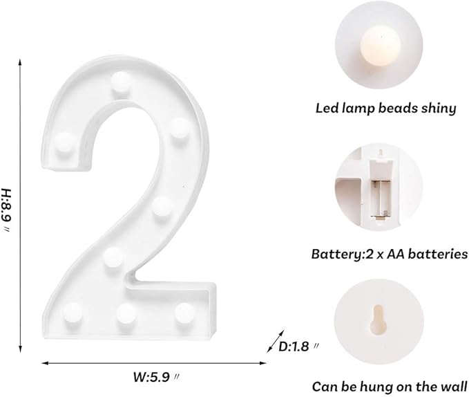 Foaky Decorative Led Marquee Light Up Number, Marquee Light Up Number Sign for Night Light Wedding Birthday Party Christmas Home Bar Decoration Number(2)