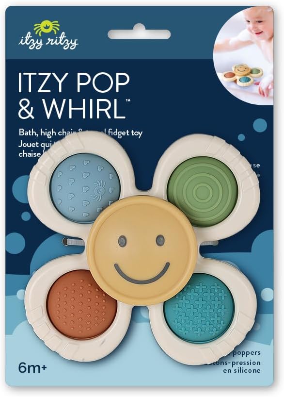 Itzy Ritzy Pop & Whirl – Fidget Spinner Travel & Bath Toy for Babies & Toddlers – Fidget w/Textured Silicone Poppers to Develop Fine Motor Skills – Sticks to Highchairs, Tables, Tubs More (Smile)