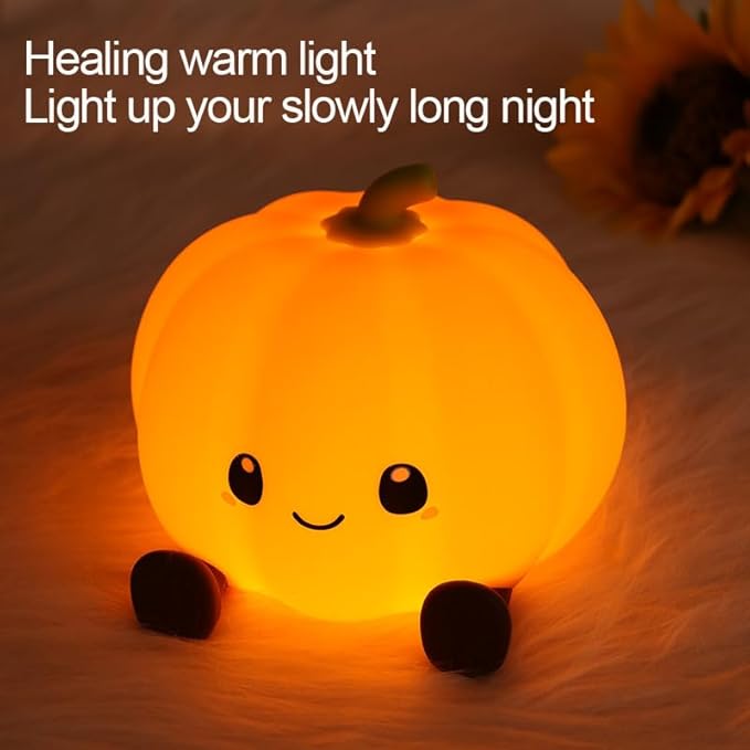 Pumpkin Night Light for Kids Adult, 3 Adjustable Brightness, USB-C Rechargeable, Baby-Safe Bedside Light, Toddler Sleep Training & Kids Room Decor