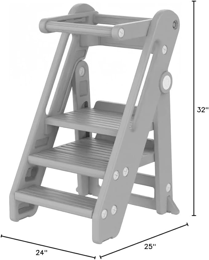 Onasti Toddler Tower Kitchen Stool Helper, Foldable & Adjustable Height Kids Learning Stool for Kitchen Counter Bathroom Sink, Child Ladder for Toddlers with Handles, Safty Rail, Non-Slip Pads-Grey