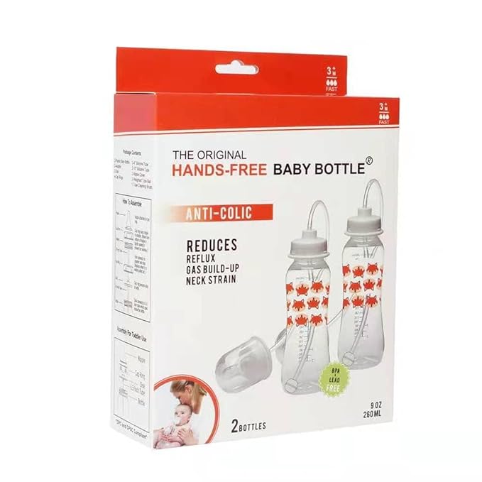 Hands-Free Baby Bottle - Anti-Colic Nursing System 9 oz Baby Bottle with Fast Flow Nipple/Teat 3m+ Infant with Tube Straw Feeding System for Toddler (2 Bottles - Fox)