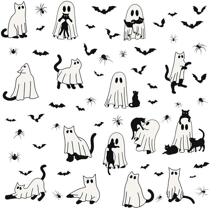 Halloween Ghost Window Clings for Glass 6 Sheets Cute Window Decals Spooky Window Stickers Cat Spider Reusable Windows Cling for Halloween Fall Party Home School Office Glass Supplies Decorations
