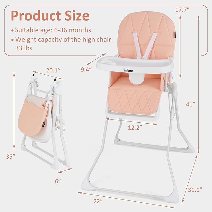 INFANS Baby High Chair, Quick Folding Portable Highchair for Babies and Toddlers with Adjustable Footrest Removable Dishwasher Tray PU Seat, Compact Highchairs for Baby Age 6-36 Months (Pink)