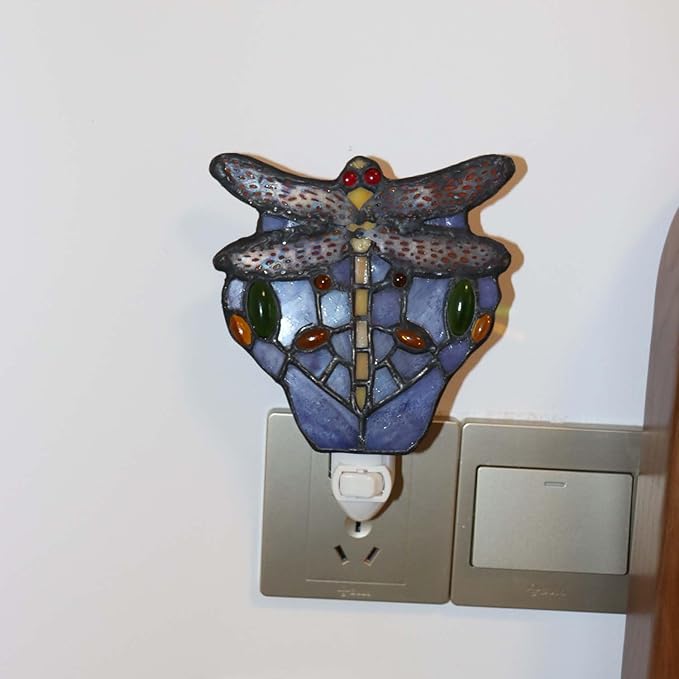 Bieye L10931 Tiffany Style Stained Glass Dragonfly Wall Lamp with Plug-in Night Light Socket for Home Decor (Blue)