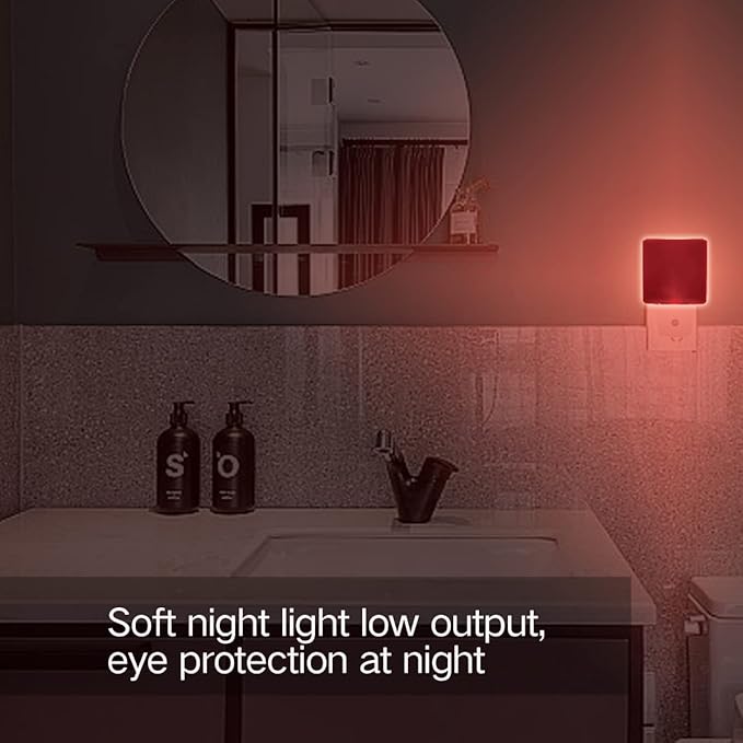 KINUR Red Night Light,2 Pack LED Night Lights Plug into Wall with Dusk to Dawn sensors, Plug in Night Lights for Kids Room, Bedroom, Bathroom, Baby Nursery,Stair Lights, Hallway Light, Daylight