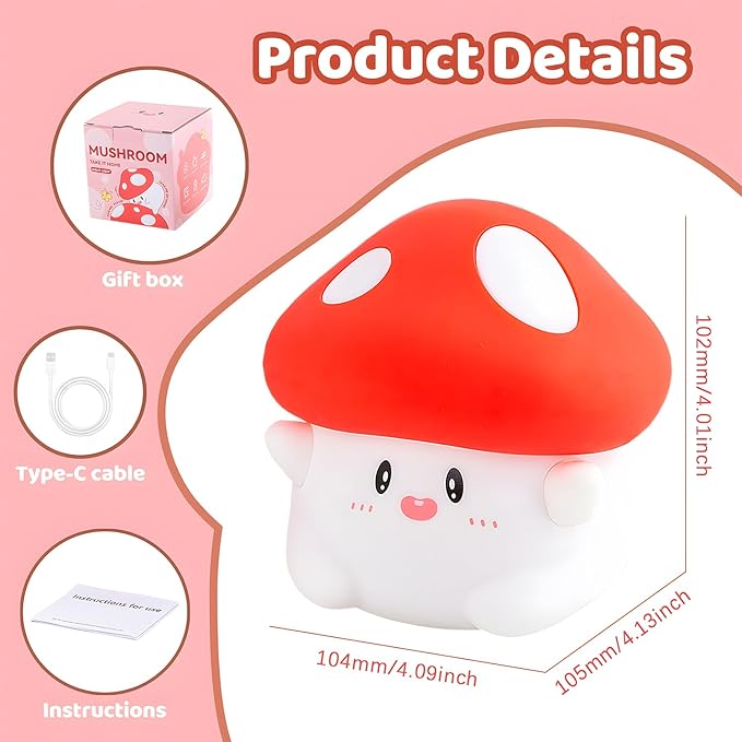 Mushroom Night Light,LED Cute Silicone Squishy Lamp Rechargeable Nursery Nightlight with 2 Level Dimmable Bedside Touch Lamp for Bedroom Kids Room Mushroom Decor Gifts