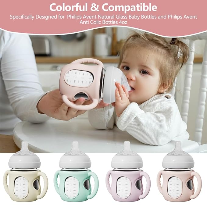 4 Pack Silicone Sleeves for Avent Natural Glass Bottles, Anti Breakage Bottle Holder with Handle, Compatible Philips Avent Glass Natural Bottle 4 oz, Not for Infant Use