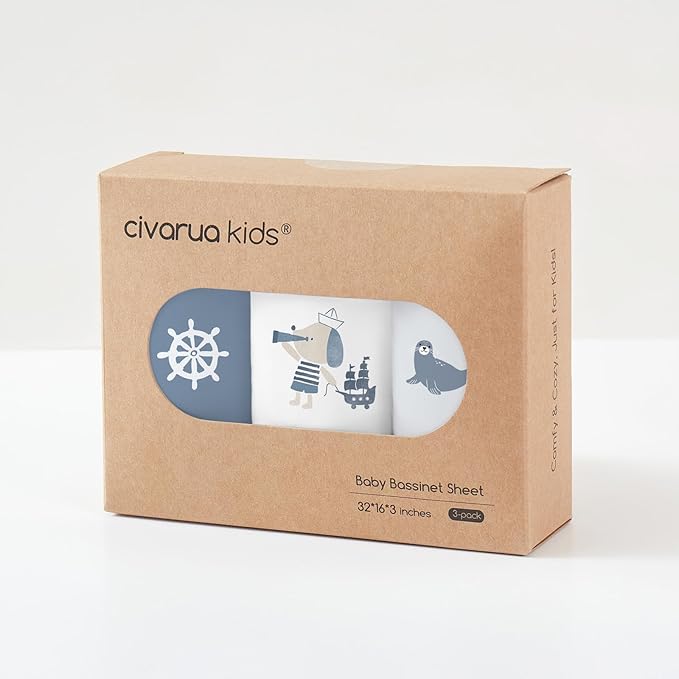 Baby Bassinet Sheets Girl Boy, Stretch Fitted Bassinet Sheet Set 3 Pack Bassinet Mattress Sheets Universal Fit for Rectangle, Round, Oval, Hourglass Mattress, Soft Breathable Blue Ocean Sailor