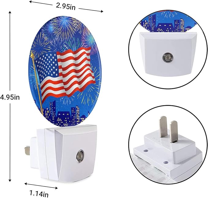 EKOBLA 4th of July Night Light American Flag Fireworks Patriotic Spirit Night Lights Plug into Wall Independence Day Plug-in Nightlights Auto on/Off Led Lamp for Men Women Girls Boys
