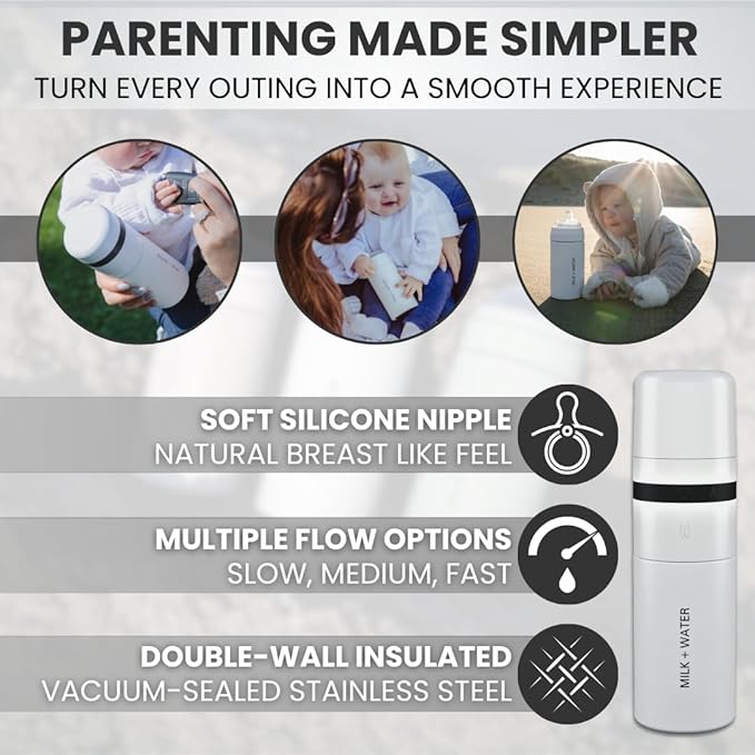 MILK & WATER All in One Baby Bottle & Baby Formula Dispenser On The Go, 9oz - Keeps Water Warm & Formula Fresh - Baby Formula Mixing Bottle with Anti Colic Nipple - Leak-Proof - 6+ Months (White)