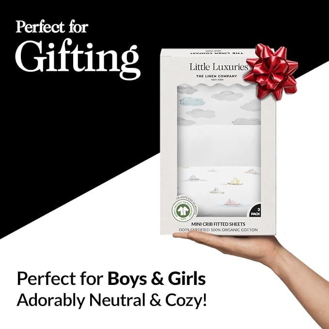 100% Organic Cotton Mini Crib Sheets (3-Pack) - GOTS Certified - Breathable Pack n Play Sheets Fitted - Double-Elastic for Secure Fit, Extra Protection for Your Baby - Gender-Neutral Prints (27"x39")