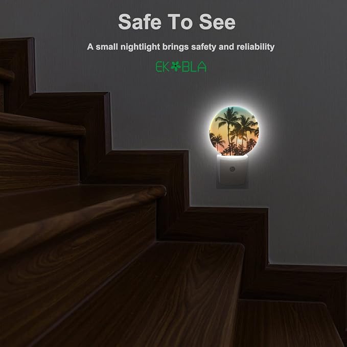 EKOBLA Palm Tree Night Lights Plug into Wall Beach Sunset Plug-in Nightlights Auto Sensor LED Lighting 0.5W Sleep Friendly for Bathroom Bedroom Stairway Hallway Kitchen
