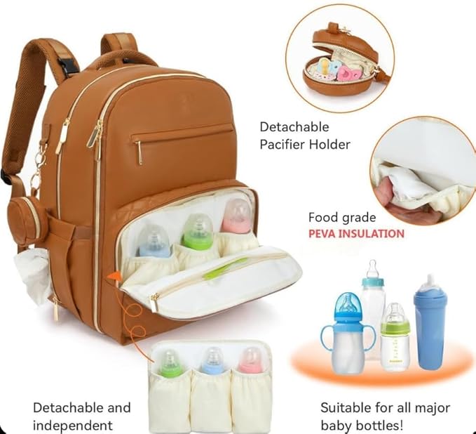 Award-Winning Premium Leather Diaper Bag Backpack – Stylish, Durable, Waterproof Vegan Leather with PEVA Changing Pad & Baby Headrest, Travel-Friendly, Organized for Busy Parents