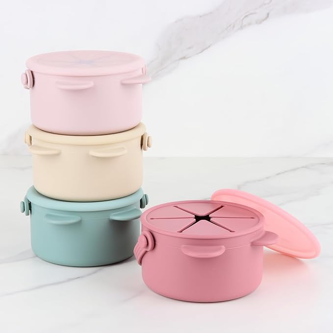 Silicone Snacks Containers for Toddlers, Baby Food Catcher Spill Proof, Kid Snacks Holder with DustProof Lid, 2 Pack Dishwasher Safe (Shifting Sand/Sage)