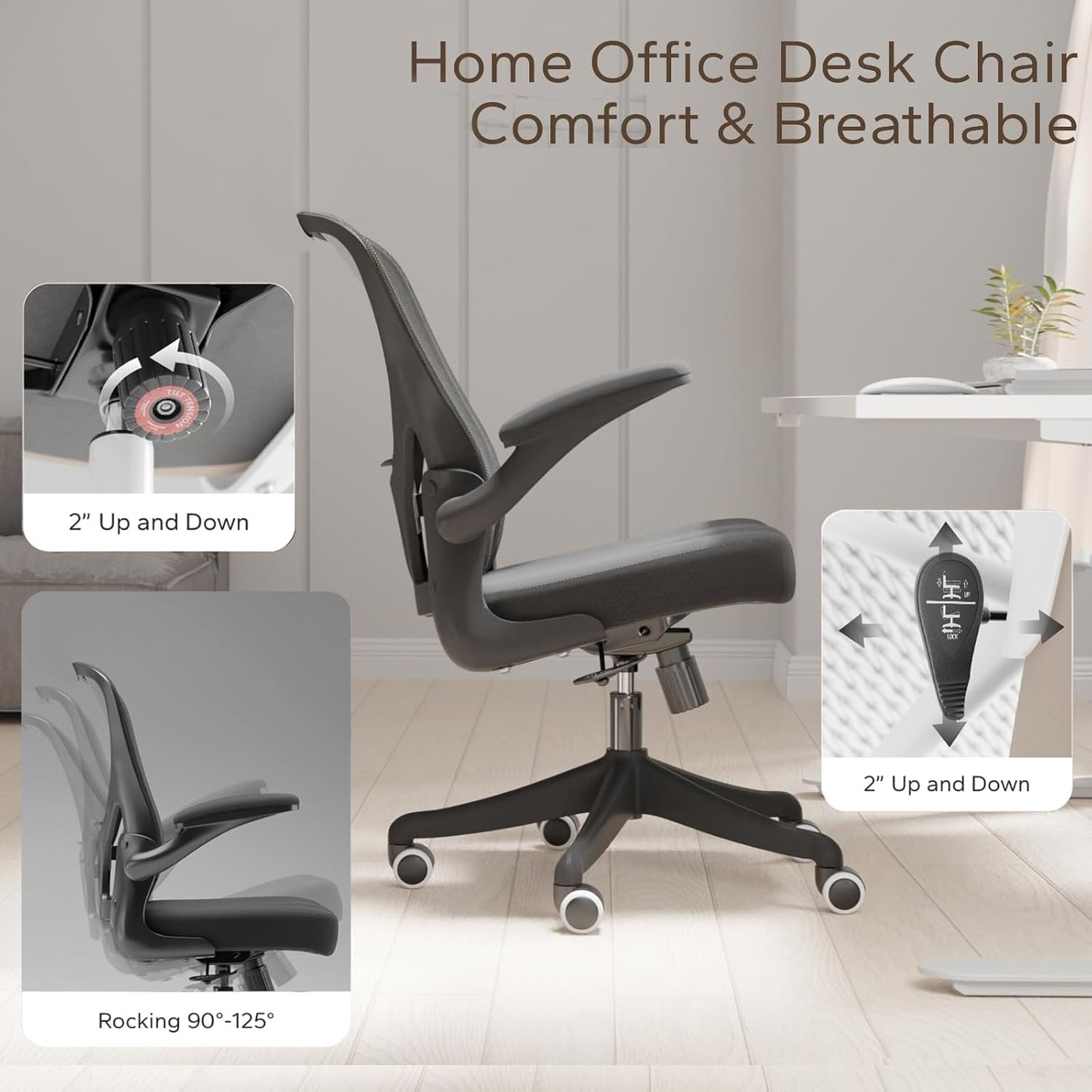 Ergonomic Office Chair with Adjustable Lumbar Support & Flip-Up Armrests - High Back Computer Desk Chair with Thickened Seat Cushion, Rolling Wheels for Home/Office Study Work (01Blcak)