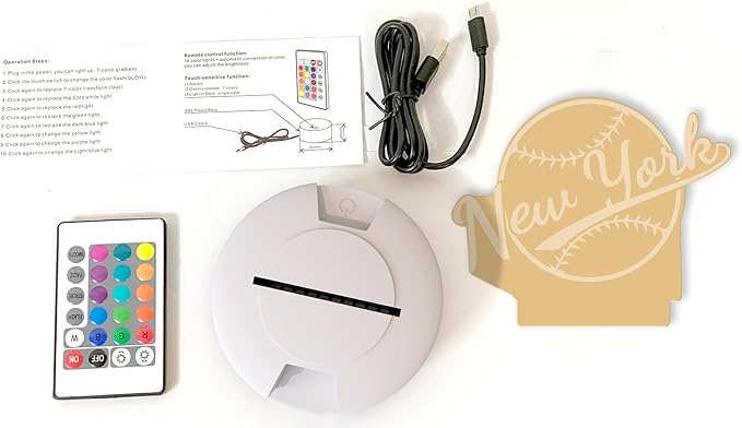 CLORURBANLIVE 3D Baseball New York Night Light 3D Illusion Lamp with Remote Control 16 Color Options Sports Decor Lighting for Fans - Multicoloured OneSize