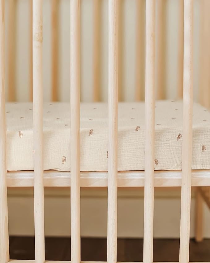 Blissful Diary Muslin Mini Crib Sheets, Pack and Play Mattress Sheets Fitted for Pack N Play, Soft Cotton for Boys Girls, 2 Pack(Sunshine&Brown)