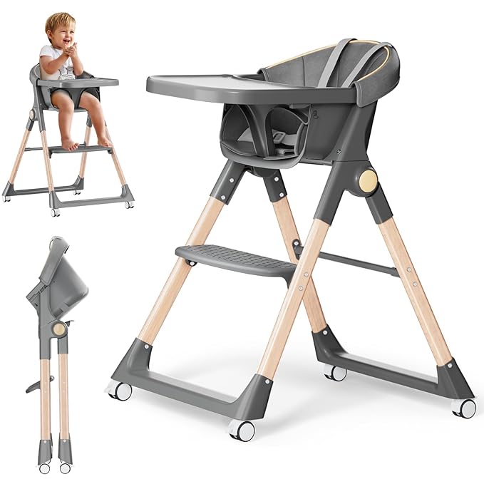 Baby High Chair, High Chairs for Babies and Toddlers, Convertible Folding High Chair with Wheels, Removable Tray 5 Point Harness Footrest Detachable PU Cushion, Portable Highchair for Baby Toddlers