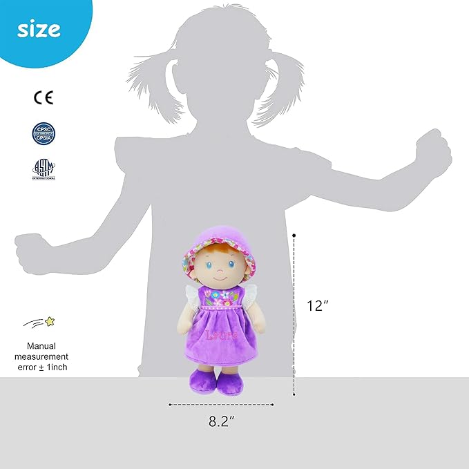 June Garden Personalized Soft Dolly Laura - Stuffed Soft Baby Doll for Birth and Up with Custom Name - Purple Dress - 13"