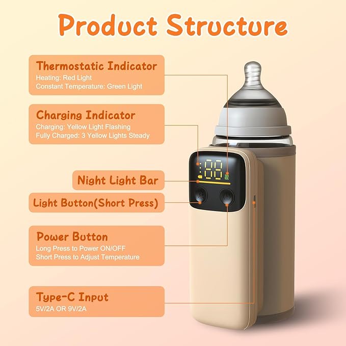 Portable Bottle Warmer for Travel, Rechargeable Bottle Warmer On The Go, Fast Charging & 6 Heating Settings, Leak-Proof, Night Light, Milk Warmer for Breastmilk and Formula