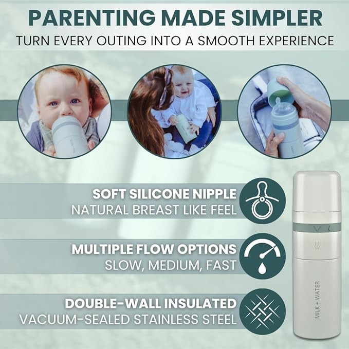 MILK & WATER All in One Baby Bottle & Baby Formula Dispenser On The Go, 9oz - Keeps Water Warm & Formula Fresh - Baby Formula Mixing Bottle with Anti Colic Nipple - Leak-Proof - 6+ Months (Green)