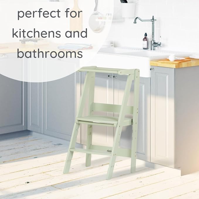 dadada Baby Foldable Montessori Tower - Adjustable Kitchen Step Stool for Kids with Safety Rail, Non-Toxic Finish, Great for Small Space Living (Sage Green)