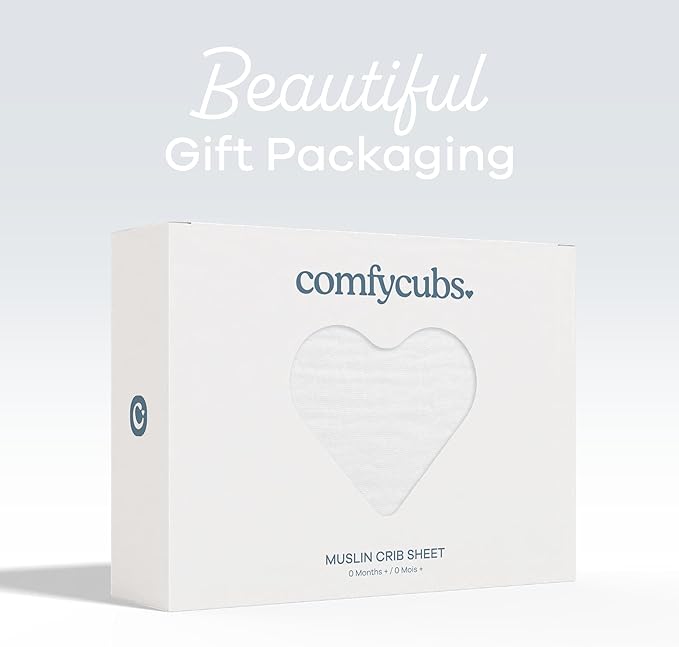 Comfy Cubs 100% Muslin Cotton Fitted Crib Sheet - Soft, Standard & Breathable Crib Sheets for Toddler Mattress - Snug Fit, Secure Elastic with Beautiful Packaging for Boys & Girls - White