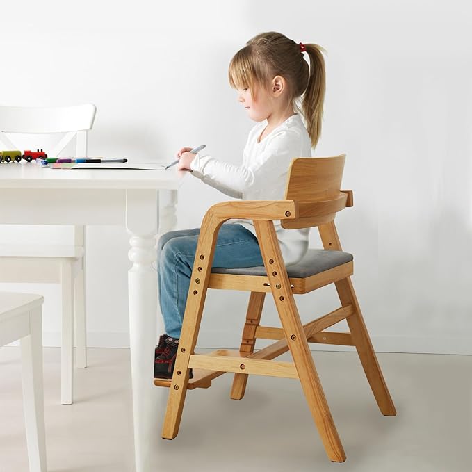 Solid Wood High Chair for Babies&Toddlers, Baby Highchair, Adjustable HighChair for Babies/Toddlers with Removable Cushion, Children Kids Dining Chair, Teens Study Chair with Steps (Natural)