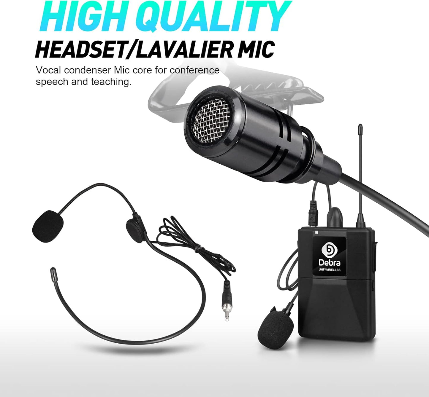 D Debra Audio AU800 Pro UHF 8 Channel Wireless Microphone System with Cordless Handheld Lavalier Headset Mics, Metal Receiver, Ideal for Karaoke Church Party (8 Bodypack)