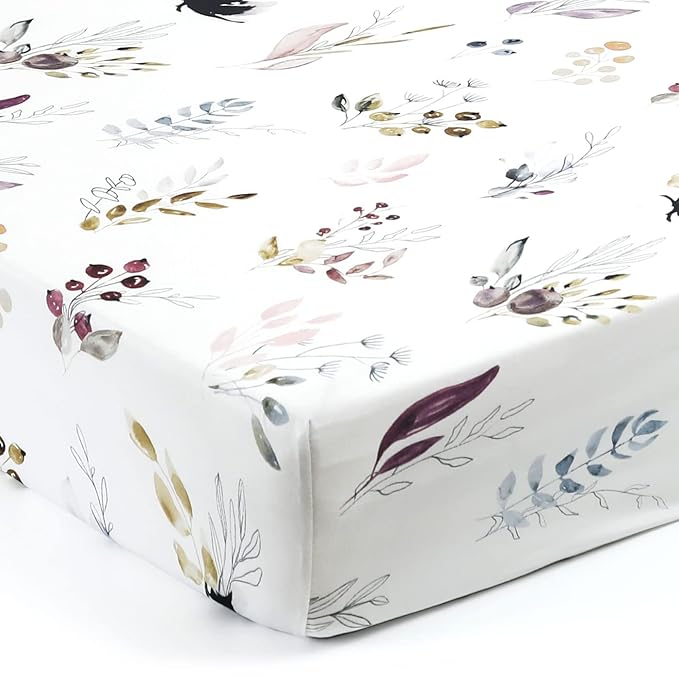 GRSSDER Stretchy Ultra Soft Jersey Knit Fitted Crib Sheets Set 2 Pack,Fits All Standard Crib Mattress Pads Safe and Snug, Pretty Purple Flora Botanical for Baby Girls