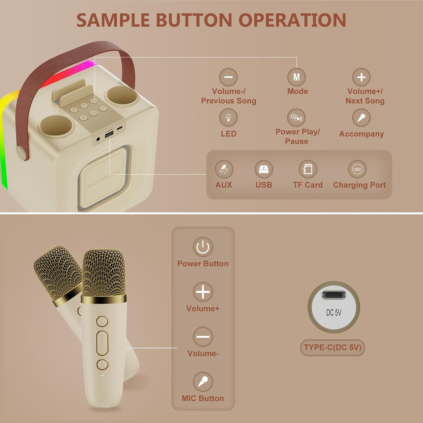 Karaoke Machine for Kids Adults, Portable Bluetooth Karaoke Speaker with 2 Wireless Microphones, Karaoke System with Mics Storage Hole and Lights, Birthday Gifts for Girls Boys Family Home Party