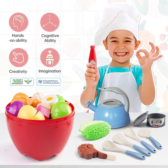 100Pcs Kitchen Playset, Kids Pretend Cooking Play Pots, Pans, Utensils, Cookware, Toy Food Fruits Veggies, with 2 Large Apple - Shaped Storage, Toddler Cooking Learning Gift (Blue