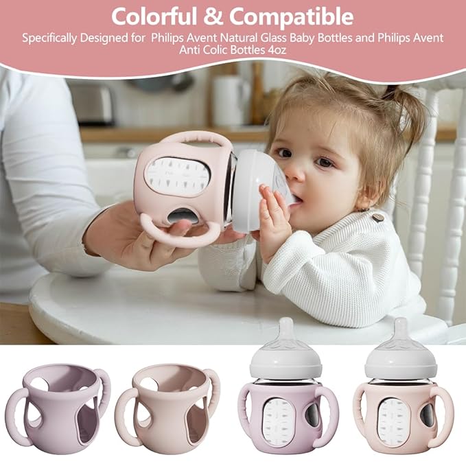 2 Pack Silicone Sleeves for Avent Natural Glass Bottles, Anti Breakage Bottle Holder with Handle, Compatible Philips Avent Glass Natural Bottle 4 oz