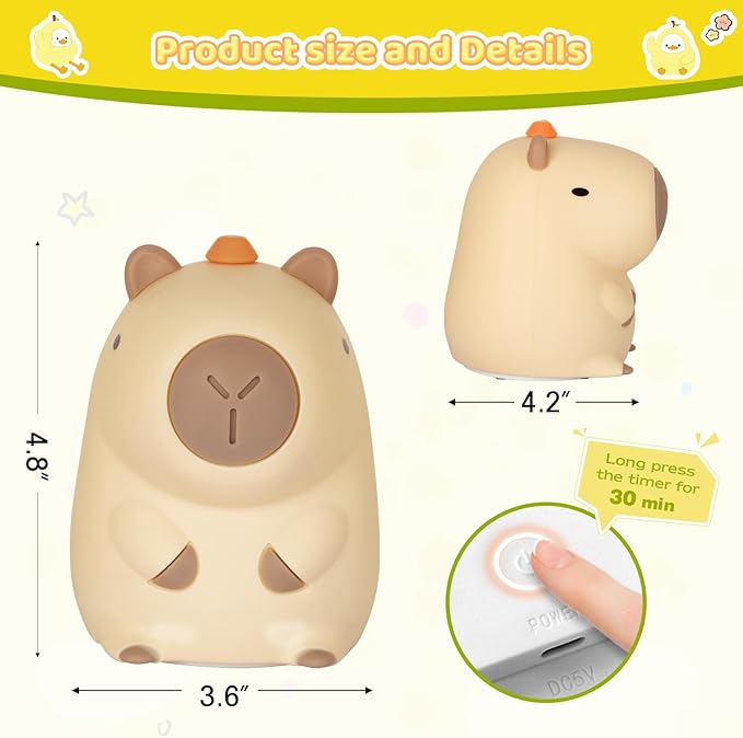 Night Light for Kids, Rechargeable Dimmable Silicone LED Nightlight with 7 Colors, Baby Nursery Night Lamp, Touch Squishy Lamp, Cute Gifts for Girls, Boys, Toddler Room Decor, Capybara