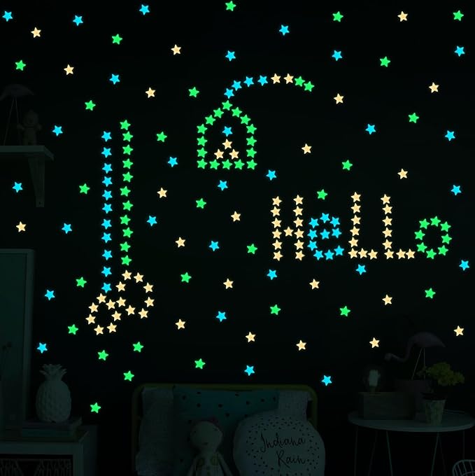 200 Pcs Glow in The Dark Luminous Colorful Stars and Pink Moon Fluorescent Noctilucent Plastic Wall Stickers Murals Decals for Home Art Decor Ceiling Wall Decorate Kids Babys Bedroom Room