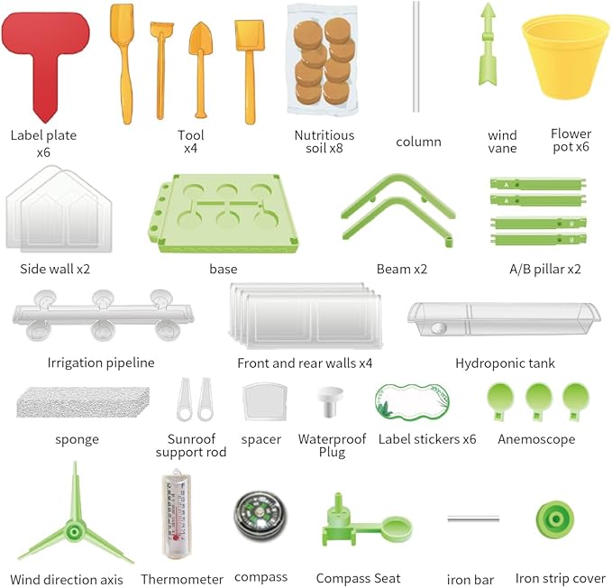 Kids Plant Growing Kit - Kids Greenhouse & Flower Growing Kit with Hydroponic Growing System, Thermometer,Wind Vane & Tools, Educational STEM Plant Growing Set